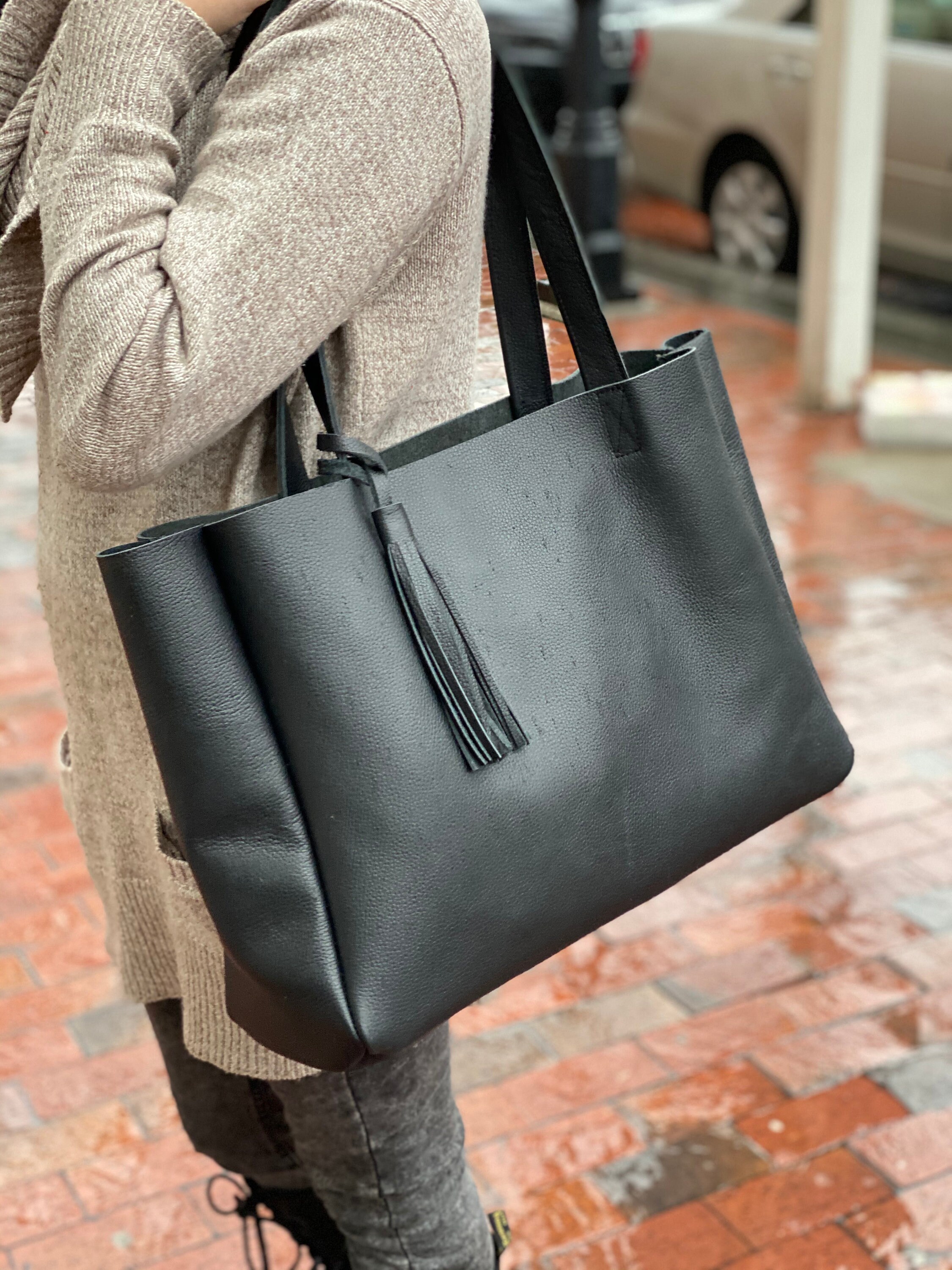 Large Black Leather Tote Bag With Tassel 22” X 13” Oversized