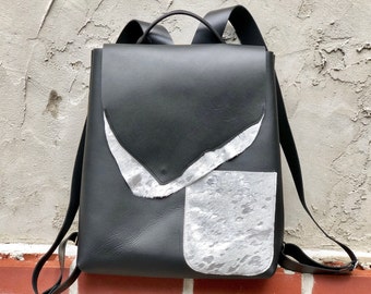 Handcrafted Full Grain Leather Backpack: Black & Silver Cowhide Rucksack