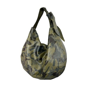 Soft buttery camo hobo bag, light weight slouchy leather bag with zipper and lining 20”W x 14”H , Work and travel bag