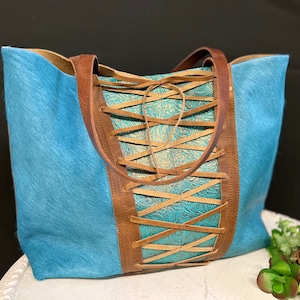 Bolso de piel de vacuno azul y piel marrón con cordón, Bolso grande para el trabajo, la escuela y los viajes, Bolso con opción de cremallera