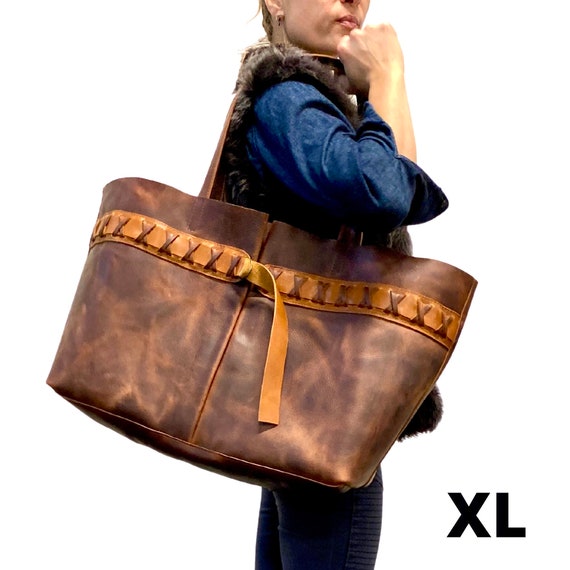 Vintage Brown Leather Bag With Cross Stitch, Work and Travel