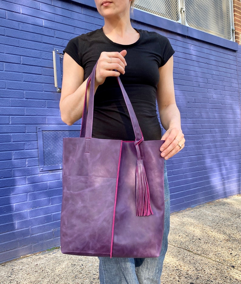 Purple Leather Tote With Tassel Soft Work and Travel Leather Etsy