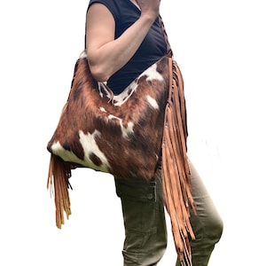 Bolso de piel de vacuno con flecos, Bolso de hombro hobo tricolor, Bolso de piel para mujer, Bolso para portátil para el trabajo y la escuela, Monedero de piel hecho a mano en EE. UU.