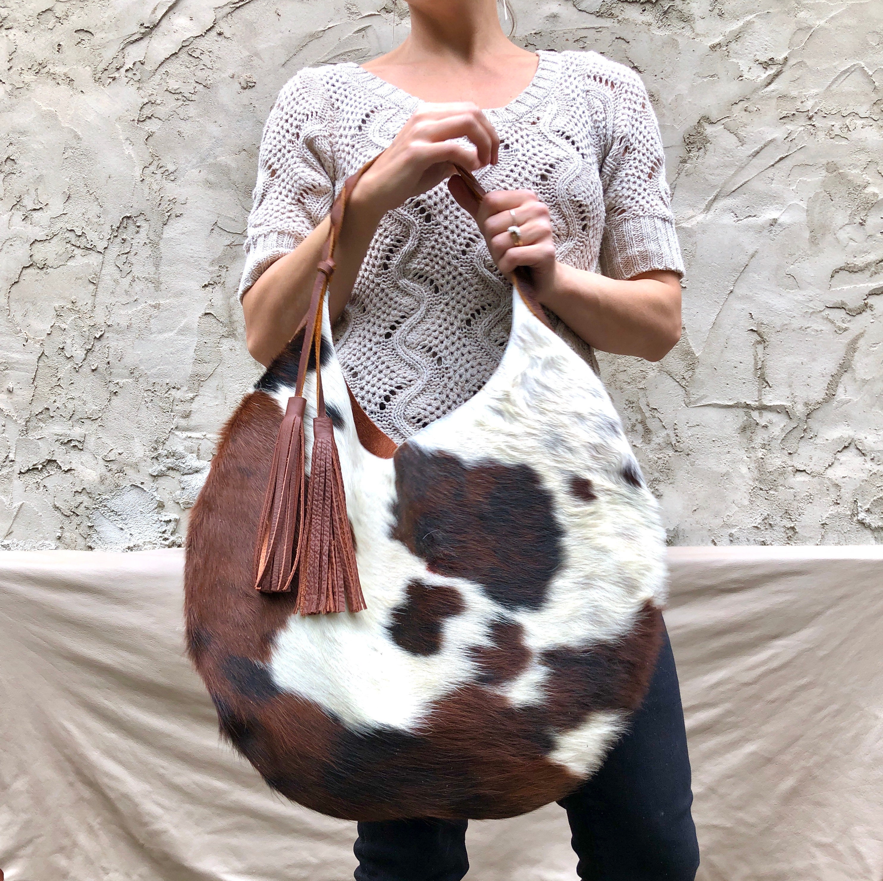 Cowhide Leather Round Hobo Bag, Unique Cow Hair Leather Bag