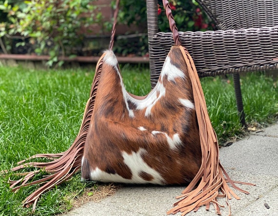 Spotted Tricolor Cowhide Fringe Bucket Bag — Farmericana Designs