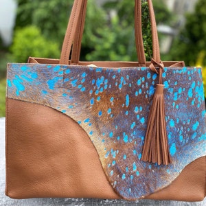 Bolso de mano de cuero marrón y azul con bordes sin rematar, bolso grande para computadora de trabajo y viaje, bolso grande para compras, bolso para computadora portátil para la escuela, el trabajo