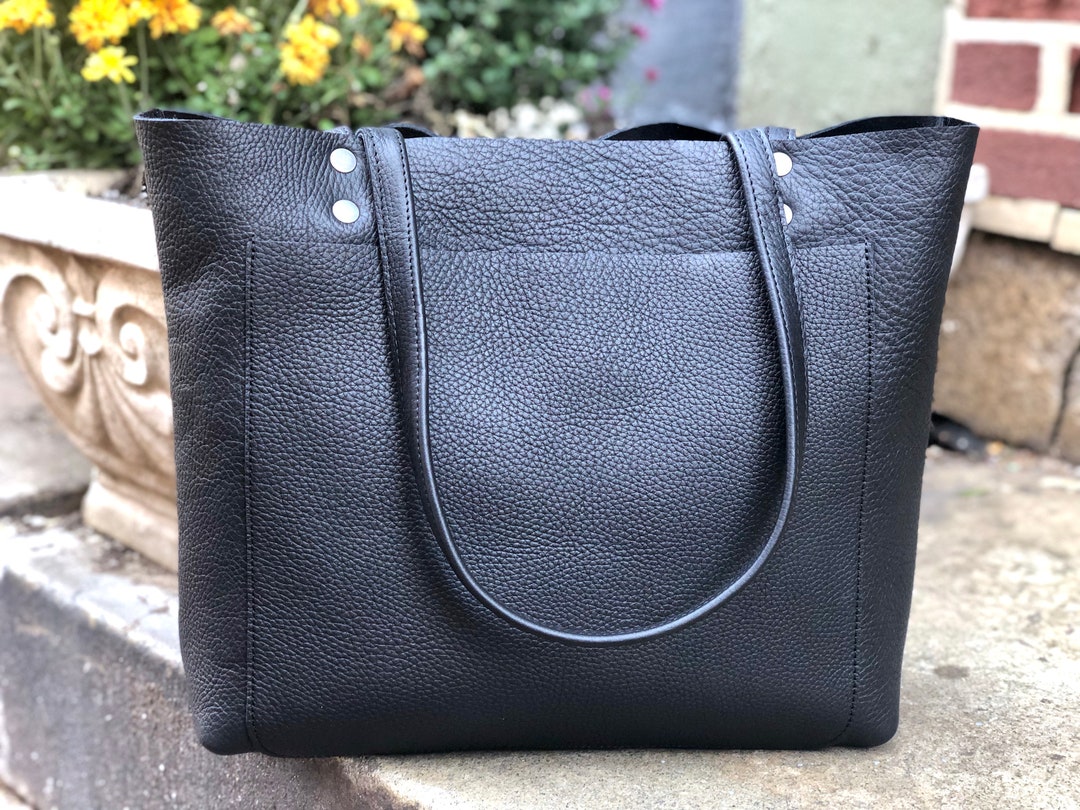 Large Black Leather Tote Front Pocket Work Travel Leather - Etsy