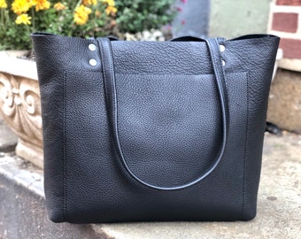 Large Black Leather Tote front pocket , Work travel leather bag,  Leather Computer bag with Zipper,  Classic leather shopper bag