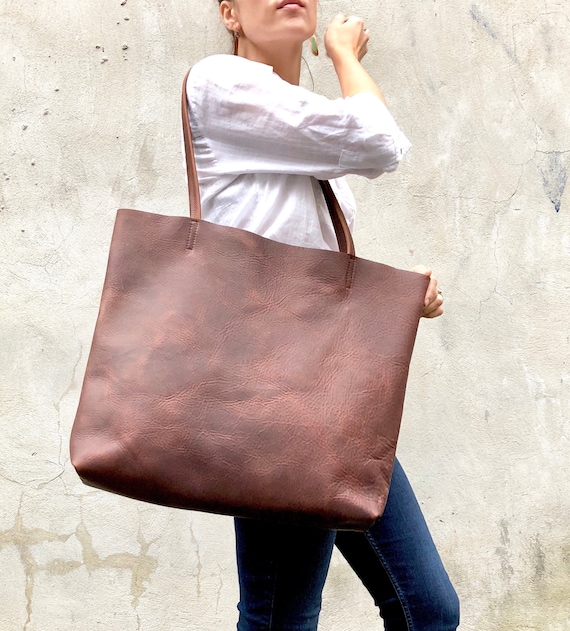 Large Brown Leather Tote Bag Oversized Leather Shopper Bag - Etsy