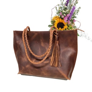 Bolso vintage de piel marrón con correas trenzadas y borla, ancho superior de 48 cm, bolso perfecto para el trabajo y los viajes
