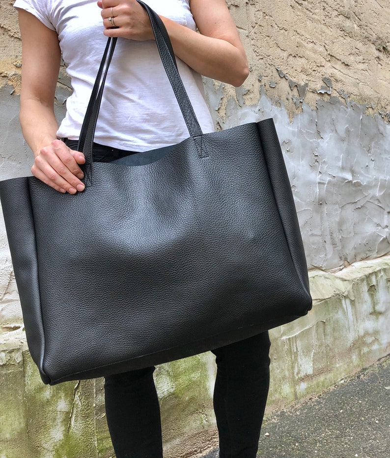 Extra large black leather tote bag 24x 15 Oversized work | Etsy