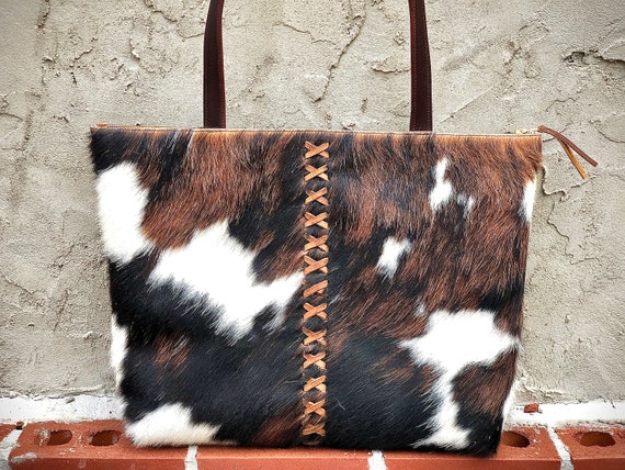 Cowhide Leather tote Large work and travel bag brown | Etsy