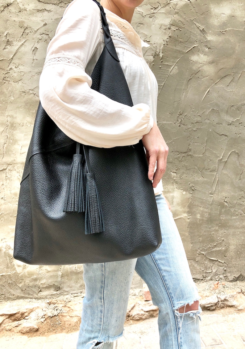 Leather hobo bag, Overnight bag, Slouchy large shoulder bag for work and travel, Large Leather Shopper image 3