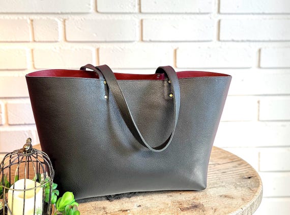 Black Full Grain Leather Tote, leather lining Interior, Work & Travel Bag