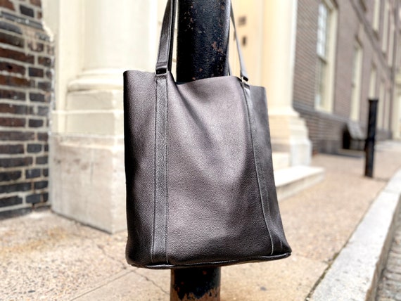 Large metallic gray leather tote bag,Tall work and travel computer bag, Large shopping bag, Black leather laptop bag, Leather Bucket bag
