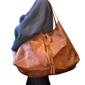 Oversized Rusty Brown Leather Hobo Bag: Handmade Work Tote