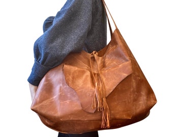 Oversized Rusty Brown Leather Hobo Bag: Handmade Work Tote