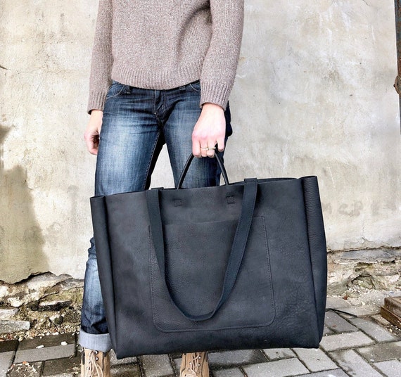 Extra Large Black Leather Tote Bag , Oversized Work and Travel