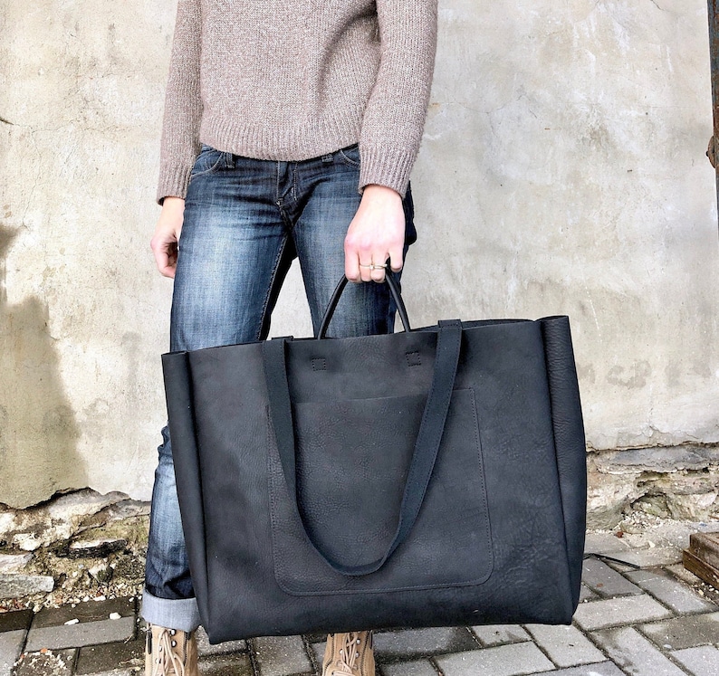 Extra Large Black Leather Tote Bag 19x 15x5 Oversized Etsy