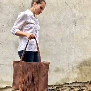 Leather tote with fringe, Sturdy Shopper Travel bag Leather office bag, school tote zipper, Large laptop computer leather tote image 10