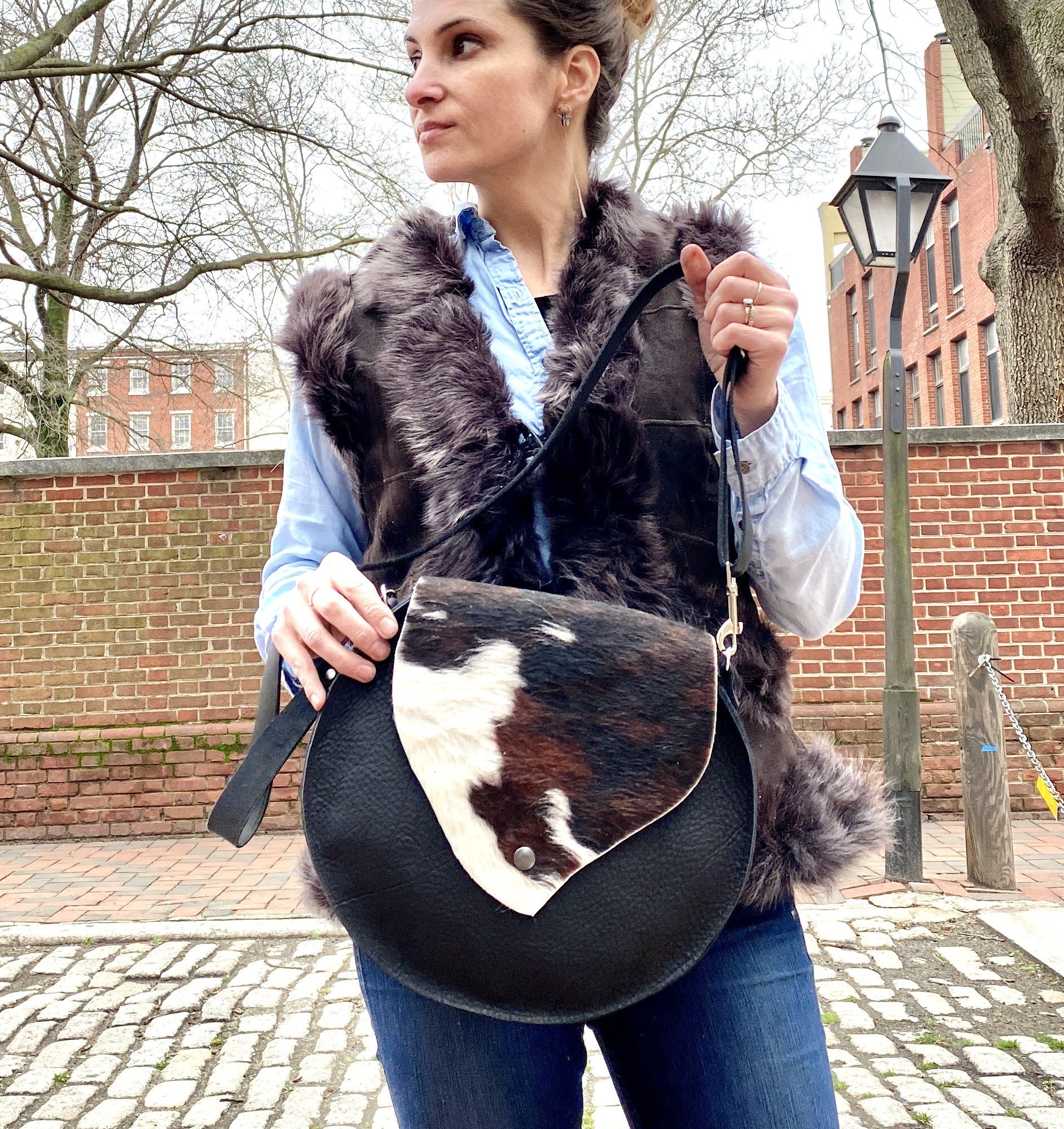Cowhide Crossbody Leather Bag, Small Messenger Work and