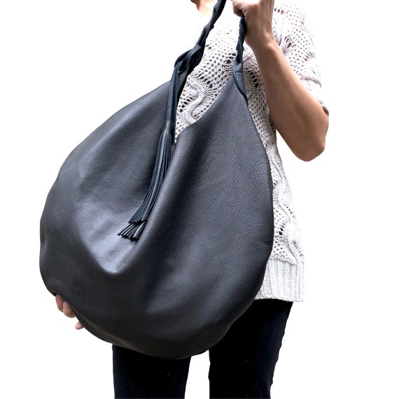 Black slouchy shoulder bag Round hobo bag Overnight bag