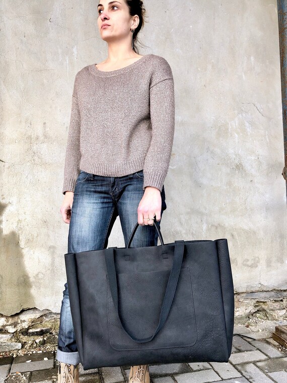 extra large black leather tote
