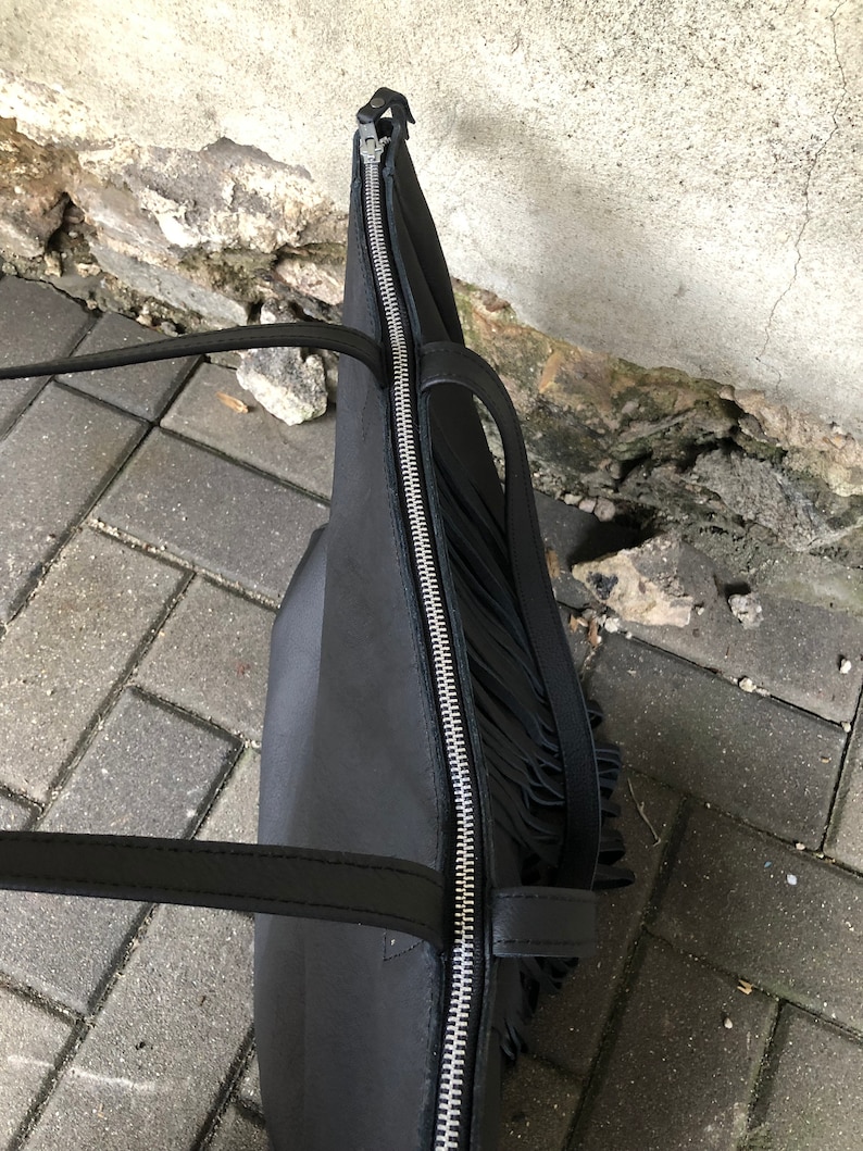 Extra Large Black Leather bag with fringe Oversized work and Etsy