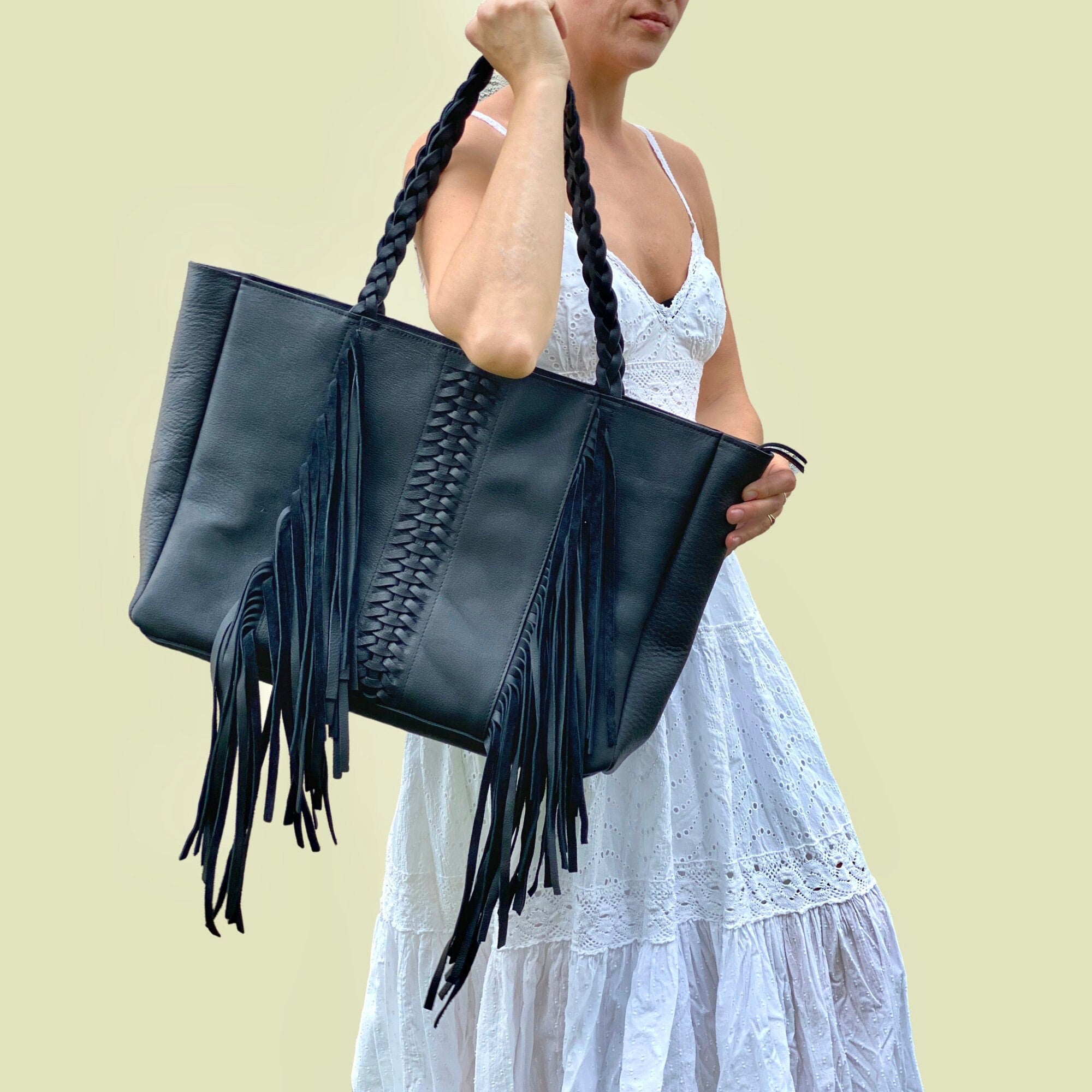 French Tote - with Boho Fringe, Braided Handle Chocolate