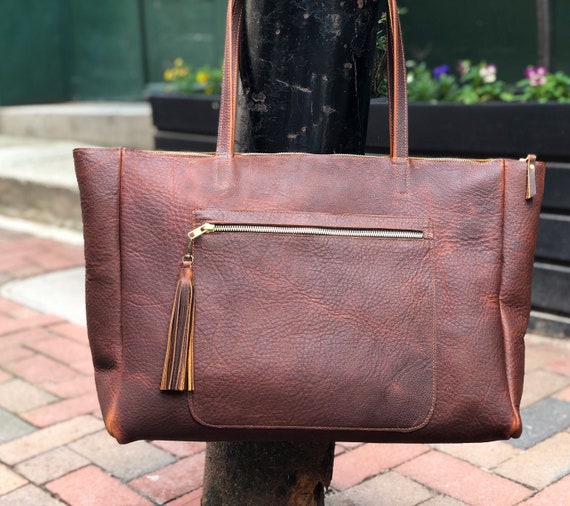 Front Pocket Large Leather Tote 21”x 13”, Oversized Leather