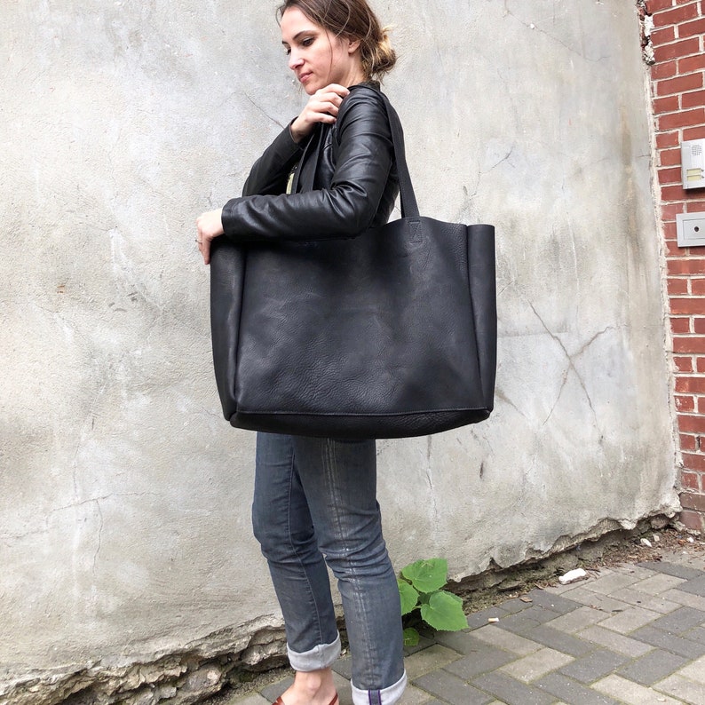 Extra Large Black Leather Tote Bag Oversized Work and Travel - Etsy