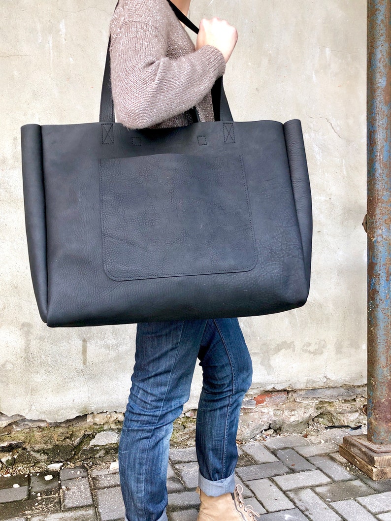 Extra Large Black Leather Tote Bag 19x 15x5 Oversized Etsy