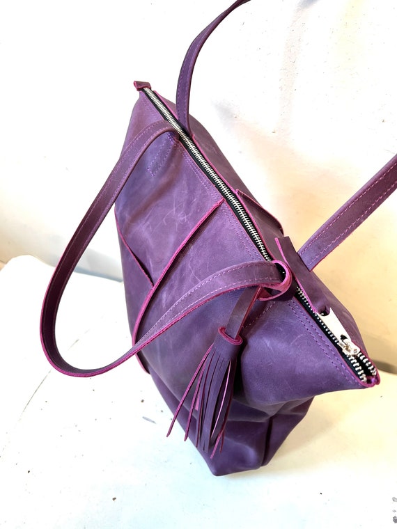 Elegant Purple Blue Leather Tote Bag
