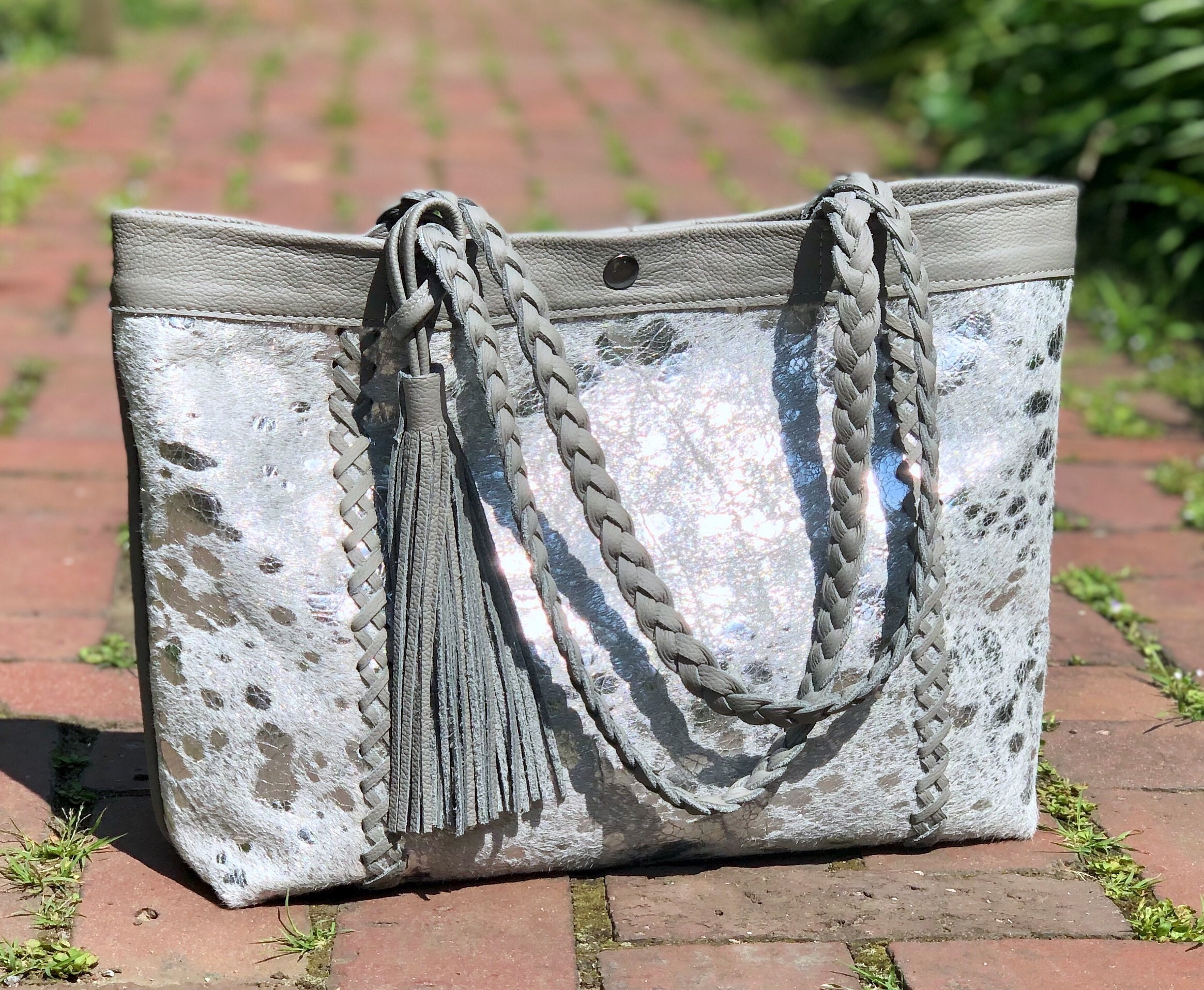 DEVOA　Hand made bag cow leather Silver Cowhide Leather Tote, Boho Bag, Large Work and Travel