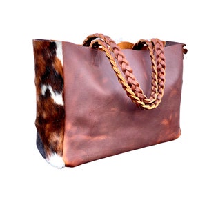 Bolso tote de piel de vacuno marrón y blanco, Bolso de gran tamaño para viajes y compras, Bolso de ordenador de piel marrón para el trabajo, la escuela, Bolso de compras grande