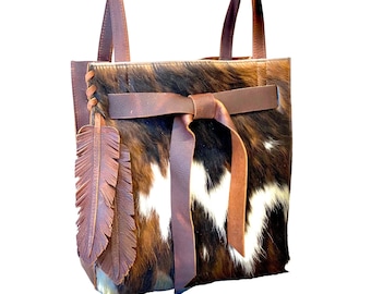 Cowhide Leather Tote Bag: Handmade Everyday Handbag with Feather Tassels