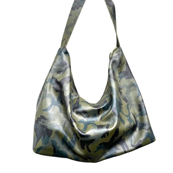Oversized Camo Leather Hobo Bag, Everyday Shoulder Bag