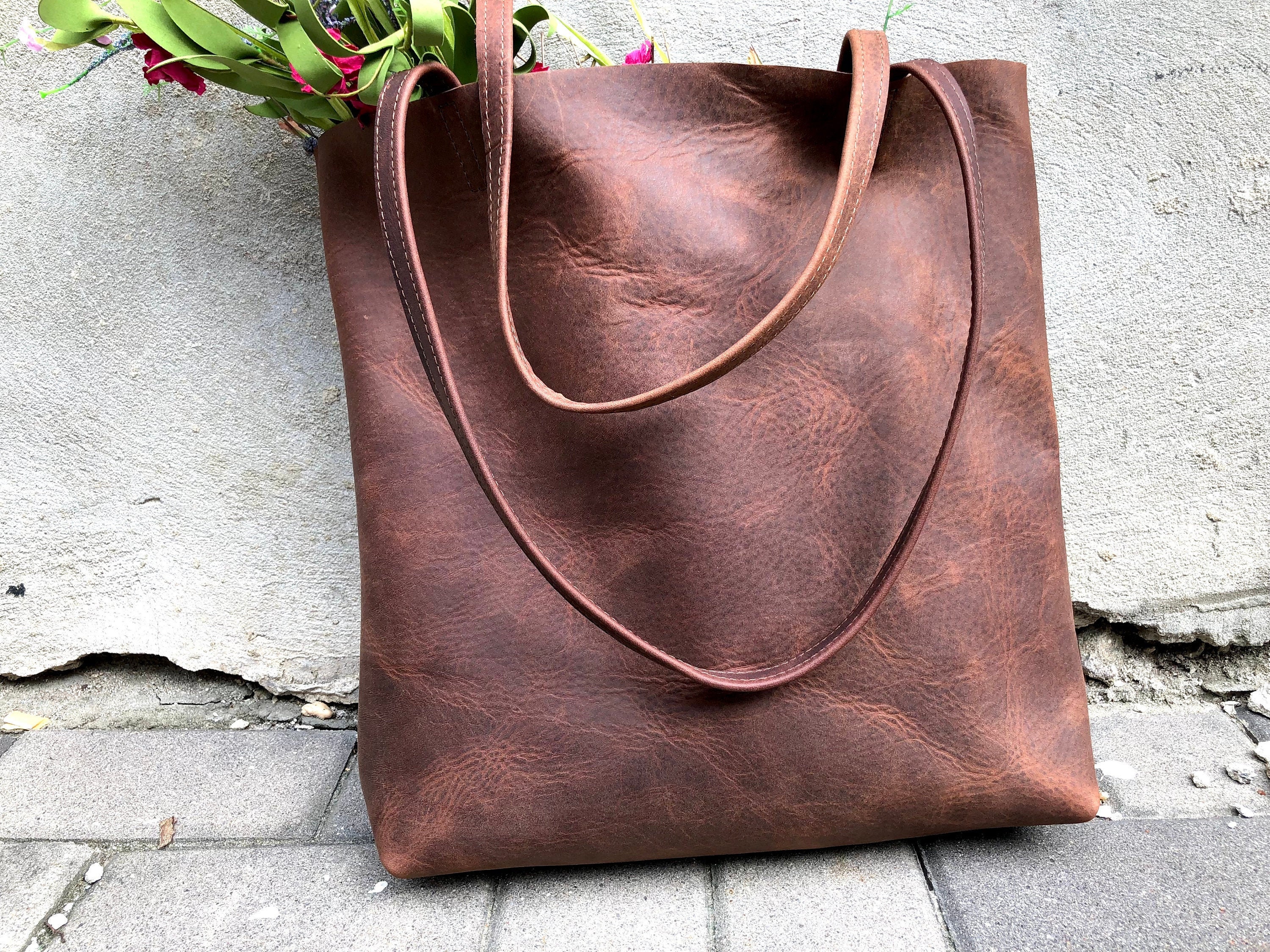 Tall Brown Leather Tote Bag: Handmade Work & Travel Bag