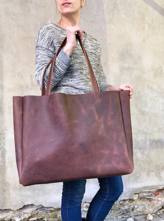 Extra Large Brown Leather Tote Bag 19x 15x5 Oversized Work and Travel  Computer Bag, Large Shopping Bag, Leather Carryall Bag With Zipper -   Canada