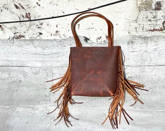 Bolso tote vintage de piel marrón con flecos: bolso de hombro para mujer