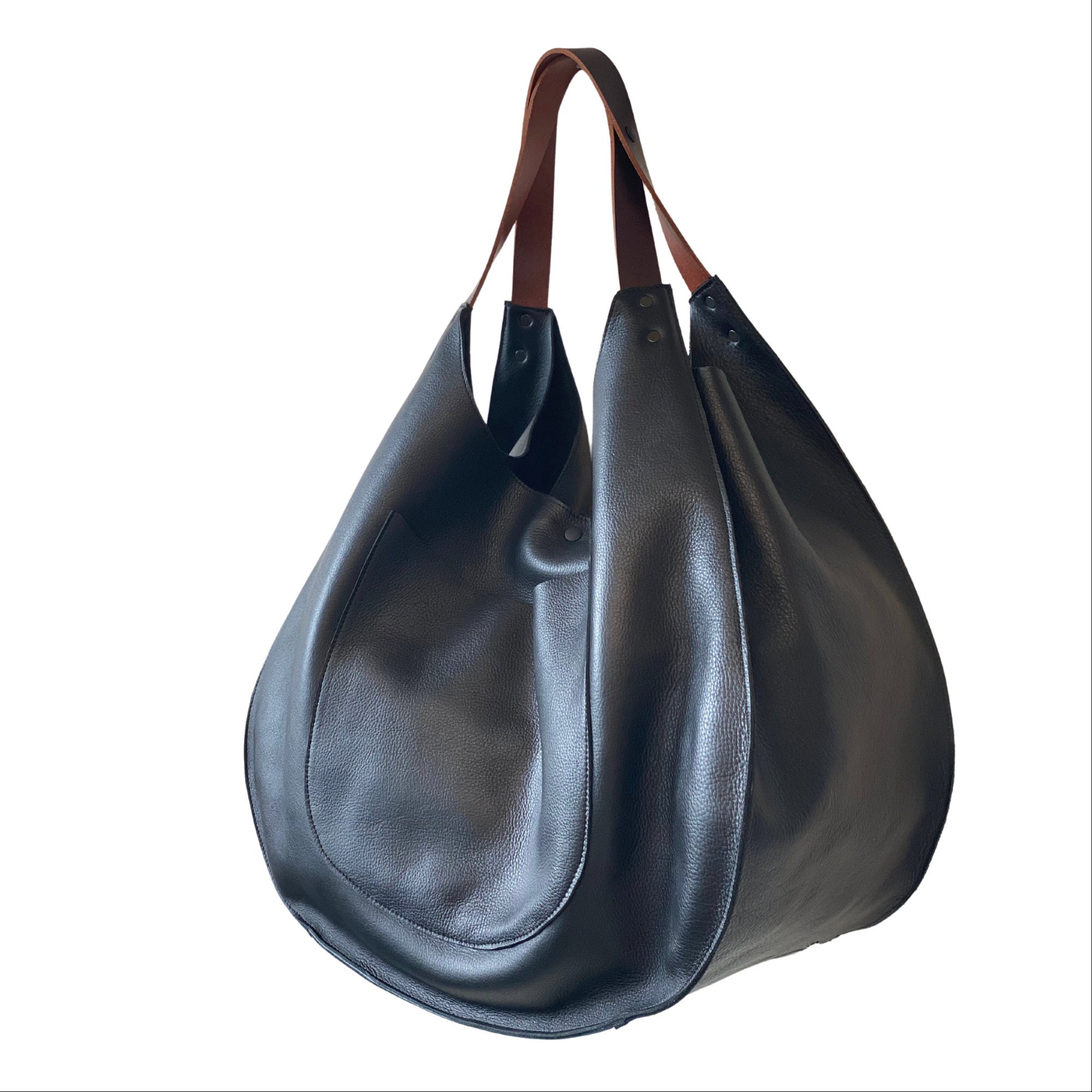 Oversized Black Soft Leather Hobo Bag 22 W X 16H Extra Large Work and Travel Bag With Front Pocket Handmade in USA Etsy