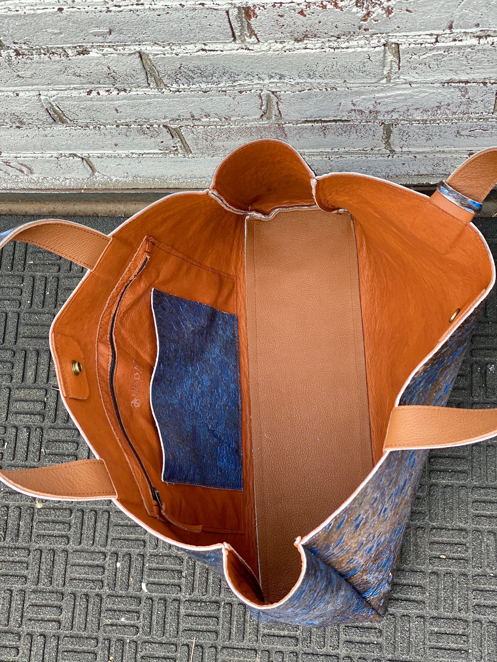 Large Blue Metallic Cowhide Leather Bag 22x 13 Oversized Etsy