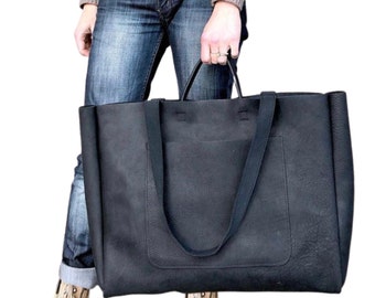Extra Large Black Leather Tote Bag: Oversized Work & Travel Carryall