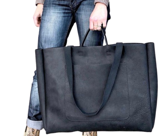 Extra Large Black Leather Tote Bag 19x 15x5 , Oversized Work and