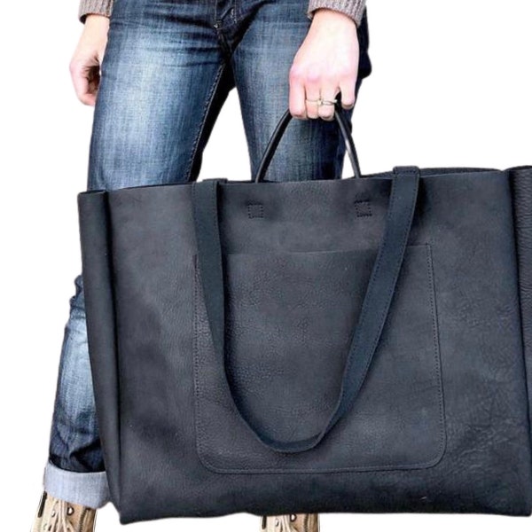 Extra large black leather tote bag 19”x 15”x5” , Oversized work and travel computer bag, Large shopping bag, Front pocket leather bag zipper
