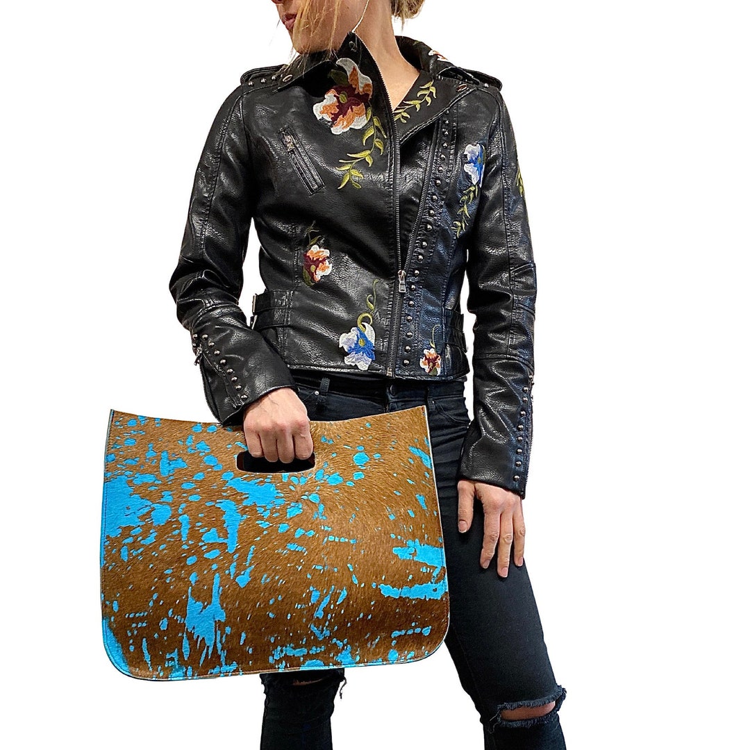 Blue Leather Tote With Cut-out Handles, Sturdy Cognac Leather Bag, 16”W ...