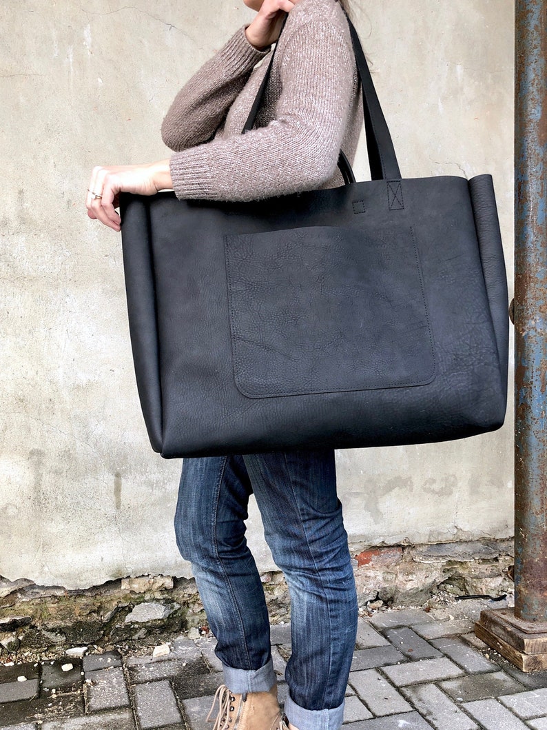 Extra Large Black Leather Tote Bag 24x 15 Oversized Work | Etsy