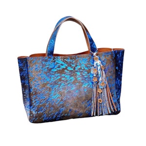 Bolso grande de piel de vacuno azul de 22” x 13” Bolso de ordenador de gran tamaño para trabajo y viajes, Bolso grande de compras Bolso lavado con ácido con cremallera
