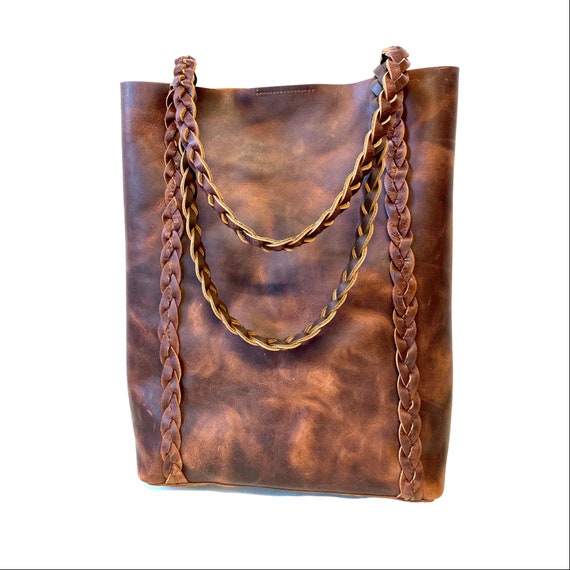 Tall Braided Leather Tote Bag: Handmade Laptop Handbag