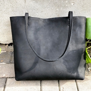 Large Black Leather Tote Front Pocket , Work Travel Leather Bag ...